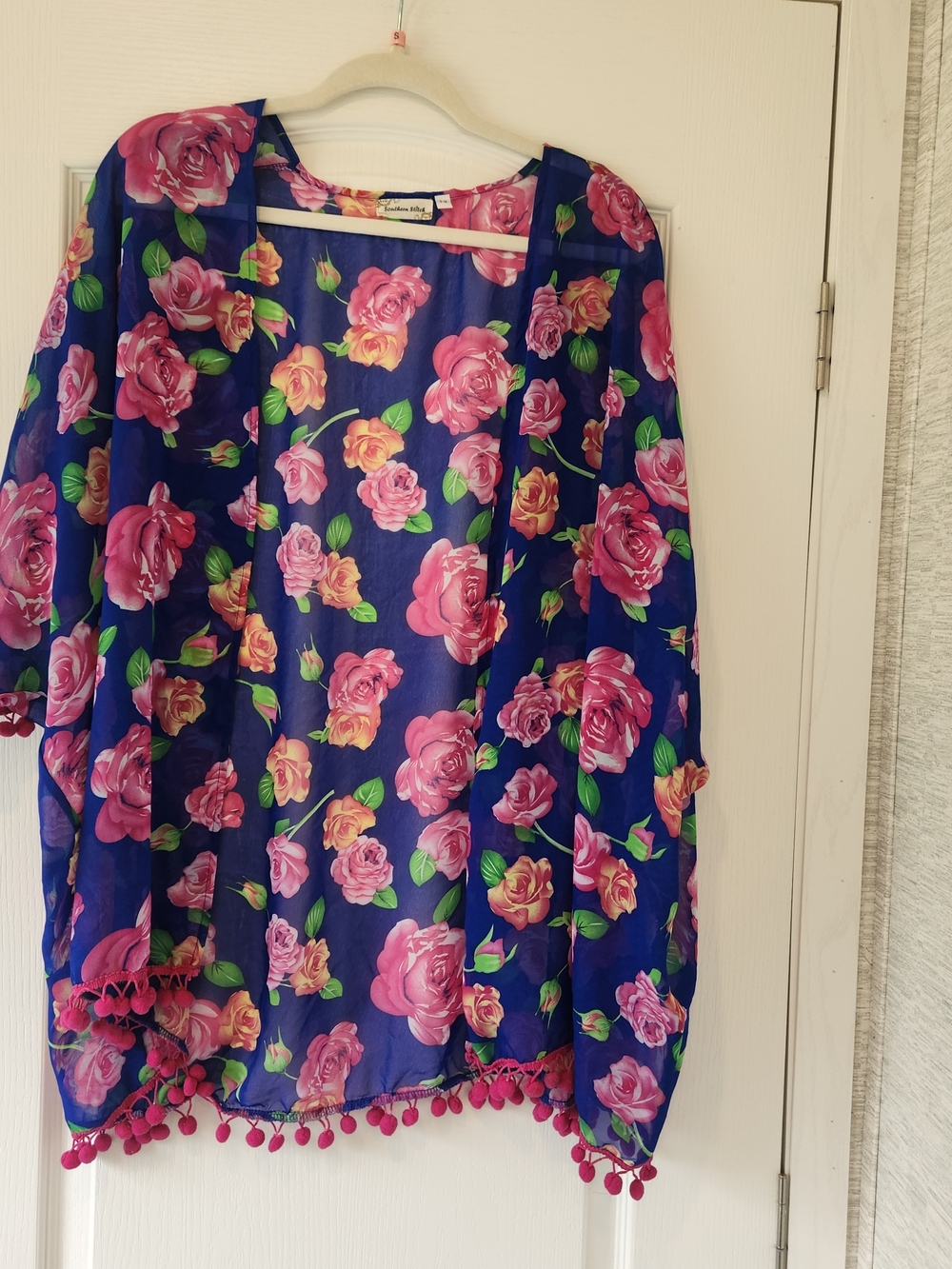 Southern Stitch Floral Kimono Cover-Up in Navy with Pink Roses M/L Euc